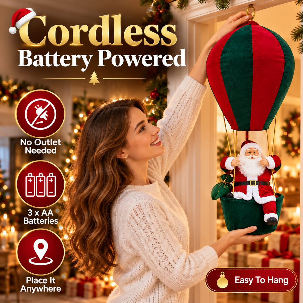 A woman positioning a cordless Santa balloon decoration indoors