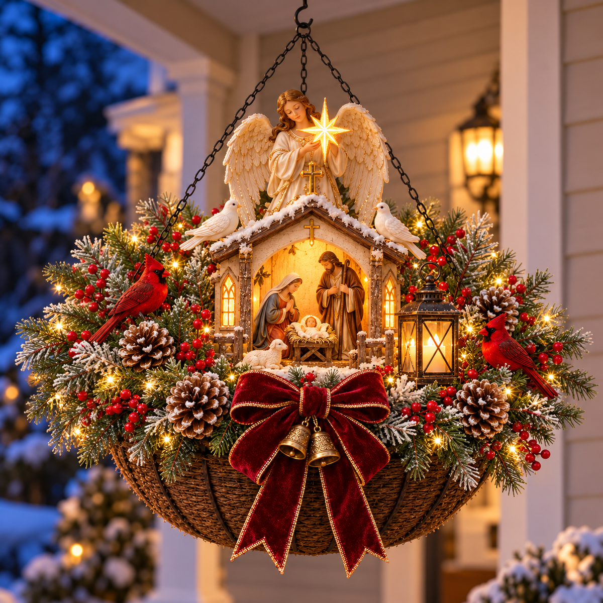 ✨ Holy Night Glow™ 🎄 Pre-Lit Nativity Christmas Hanging Basket | Pre-lit, weather-resistant, and zero maintenance ✝️