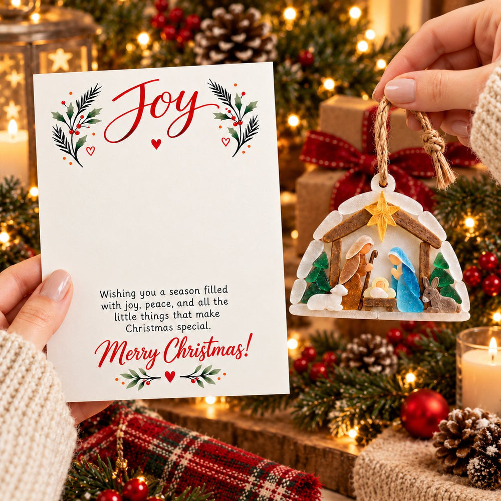 Hand-held Nativity ornament and accompanying Joy greeting card