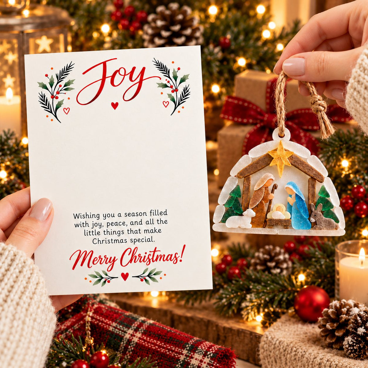 🎄✨ Christmas Joy™ – Sea Glass Nativity Ornament with Keepsake Greeting Card 💝