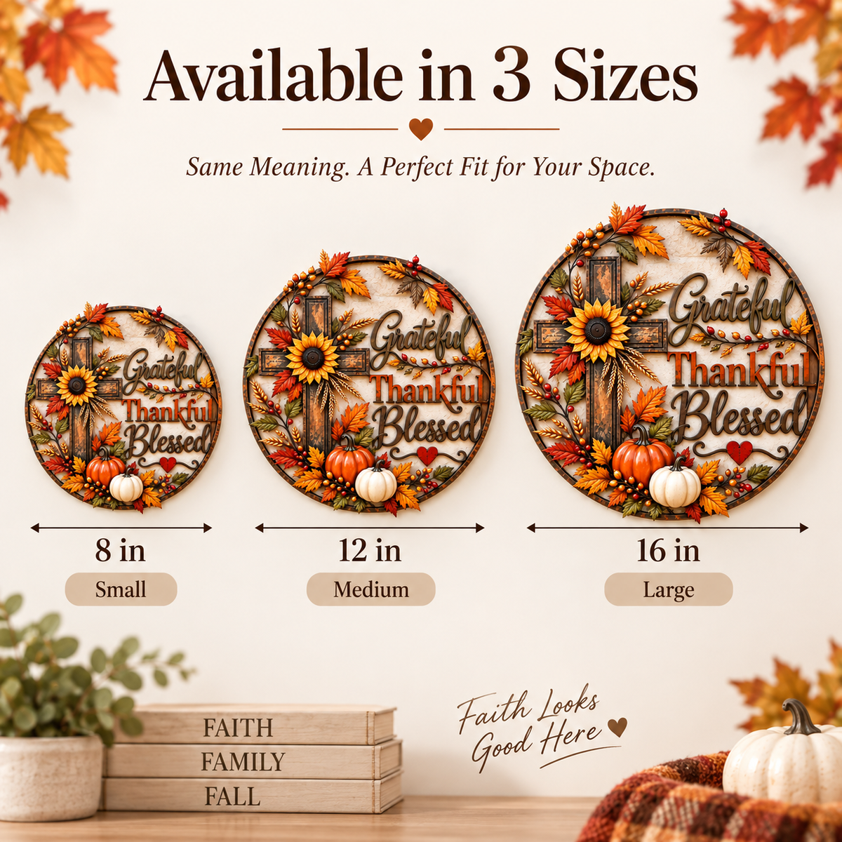 🍂 Grateful, Thankful & Blessed — Autumn Faith Cross Wall Decor