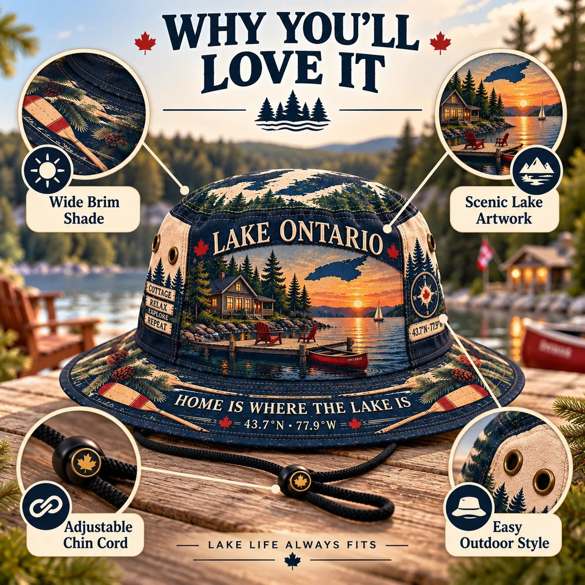 🔥🍁Lake Ontario Boonie Hat – Made for Lakeside Days (🧢100% Cotton)