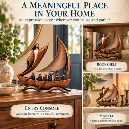 ⛵ Guided by Faith – Sailing Boat Sculpture with a Vintage Bronze-Tone Finish