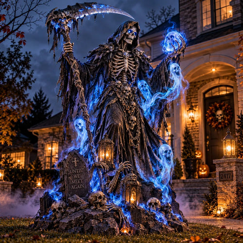 Giant Haunted Soul Reaper Lighted Halloween Yard Decoration – Glowing Grim Reaper with Ghostly Blue Spirits