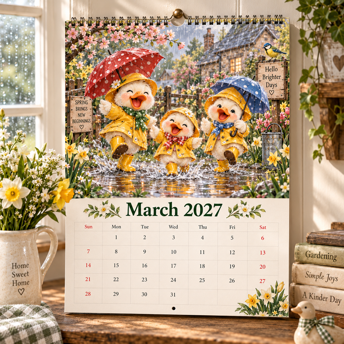 March 2027 ducklings playing in spring rain