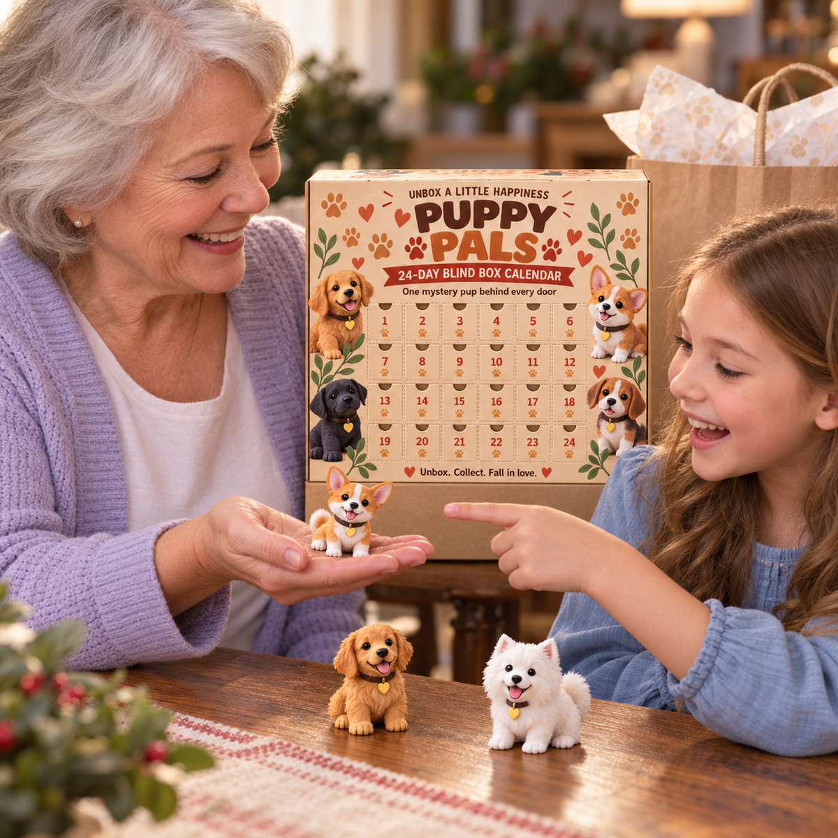 A grandmother sharing a corgi miniature with her granddaughter