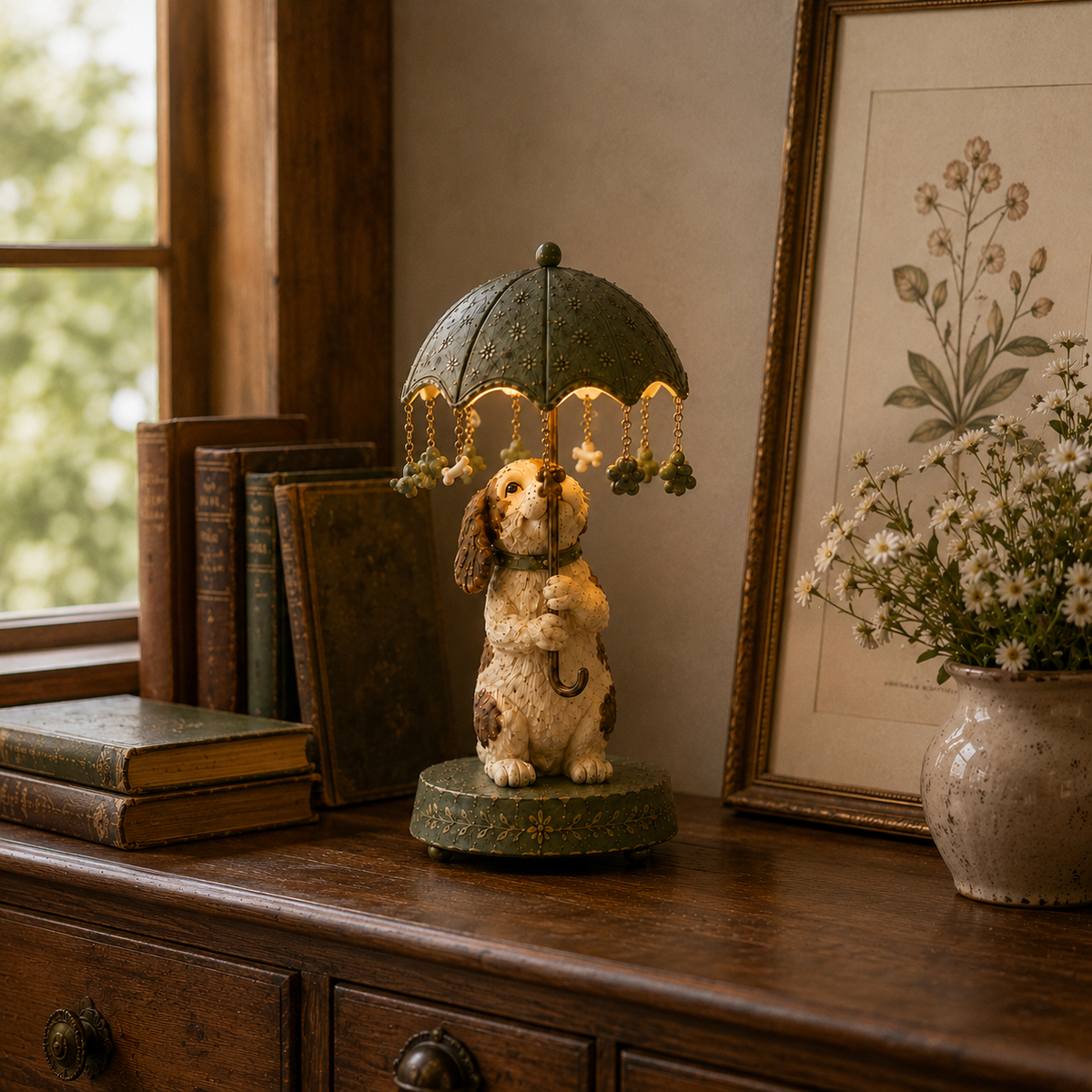 ☂️🐾 Vintage drehbare Schirm-Tierlampe