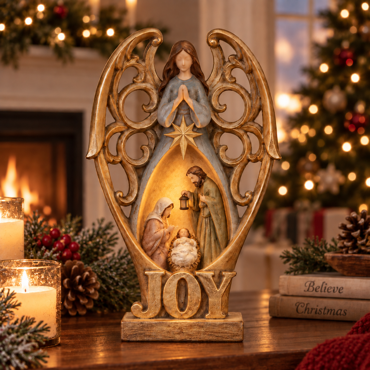 Angel of Joy Lighted Nativity Christmas Decor – Holy Family Tabletop Figurine with Warm Inner Glow