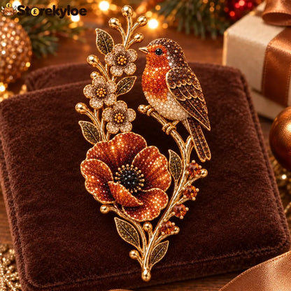 🐦🌸Robin & Poppy Crystal‑Encrusted Vintage Brooch 🐦🌸