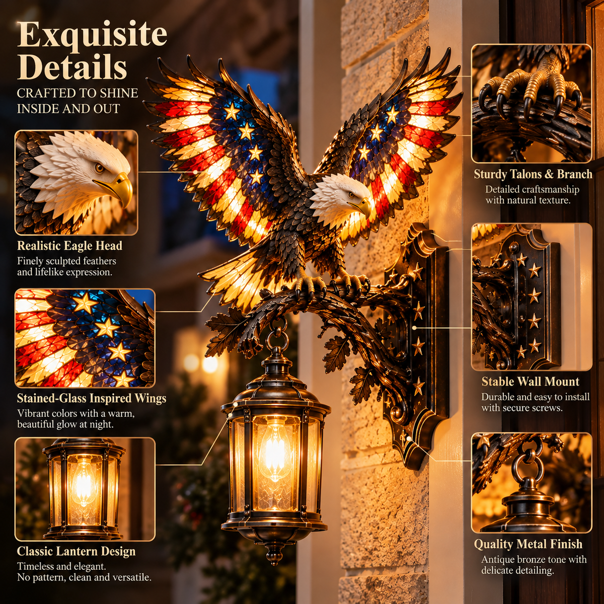 Close-up product details including the eagle head, wings, talons, wall bracket and lantern