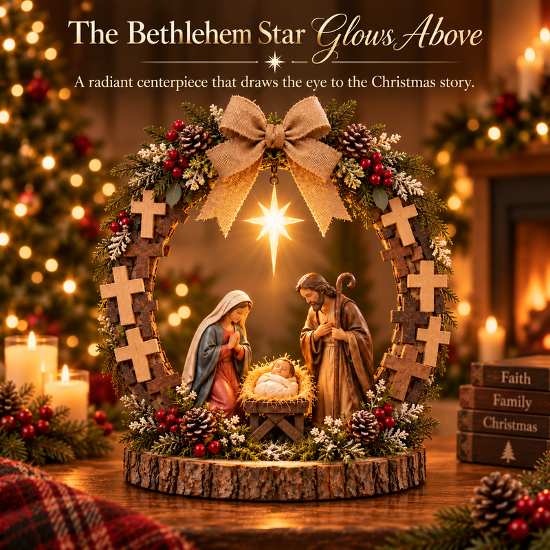 The illuminated Bethlehem star shining above the manger