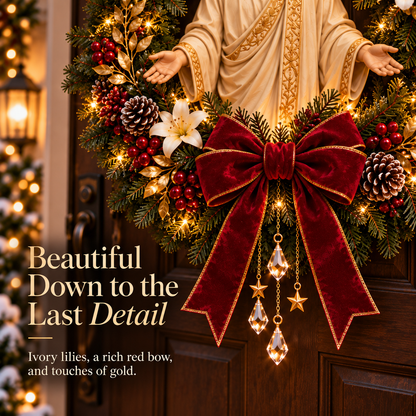 ✝️ Pre-Lit Jesus Christmas Wreath | Warm LED Lights, Golden Halo & Elegant Lilies 🎄