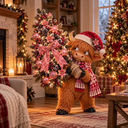 🎄🐮Pinkmas Tree Bandit™ – Light-Up Highland Cow Christmas Porch Décor