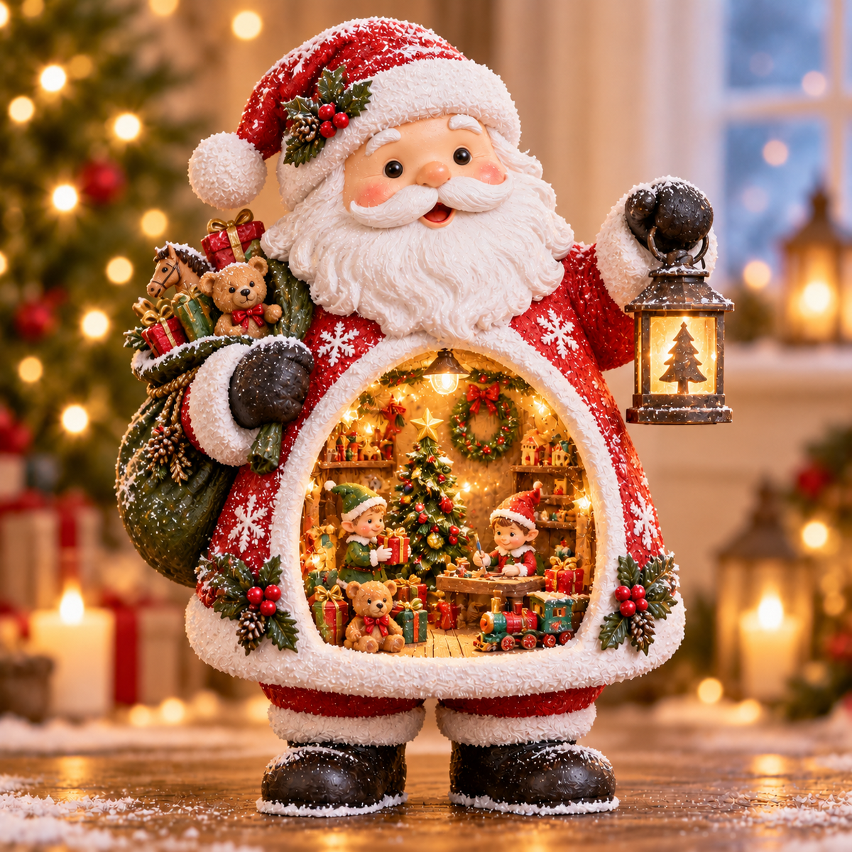 Santa Claus holiday decoration with illuminated miniature gift workshop