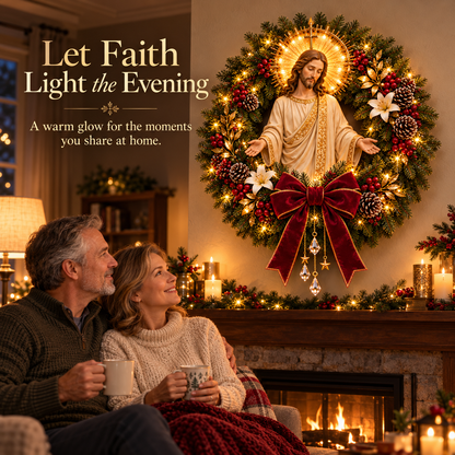 ✝️ Pre-Lit Jesus Christmas Wreath | Warm LED Lights, Golden Halo & Elegant Lilies 🎄