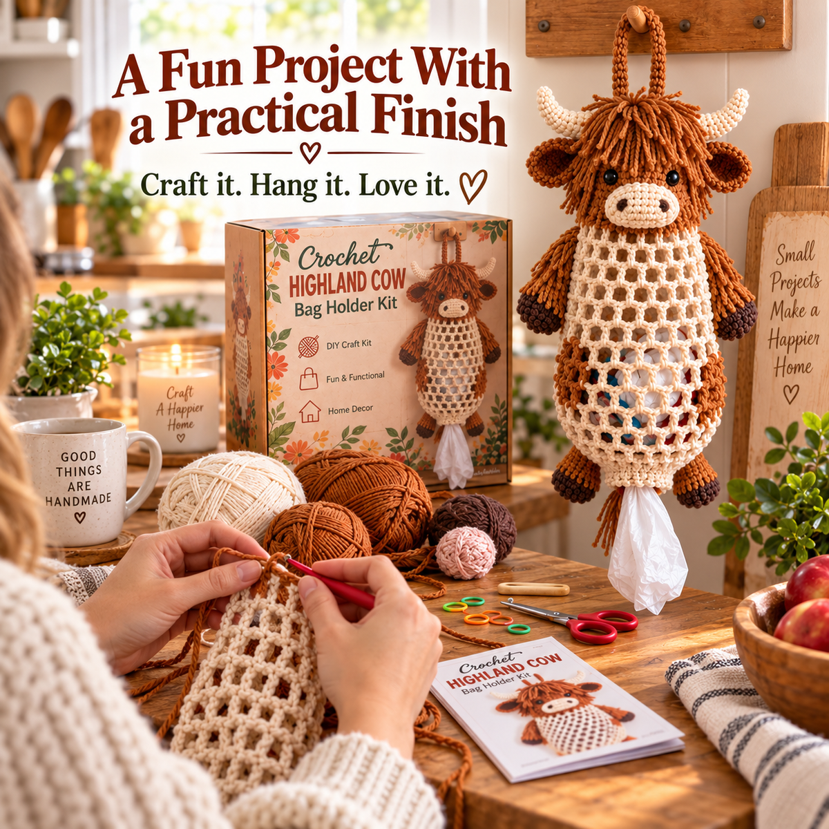 Hands crocheting an animal bag holder kit