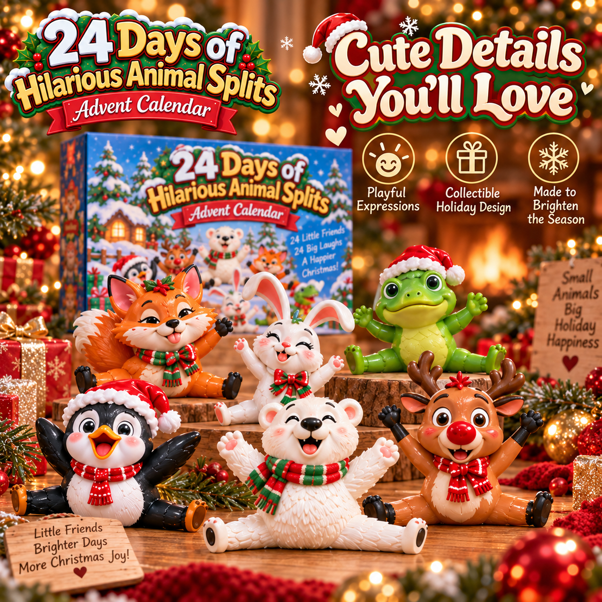 Close-up of playful animal figurine faces and Christmas accessories