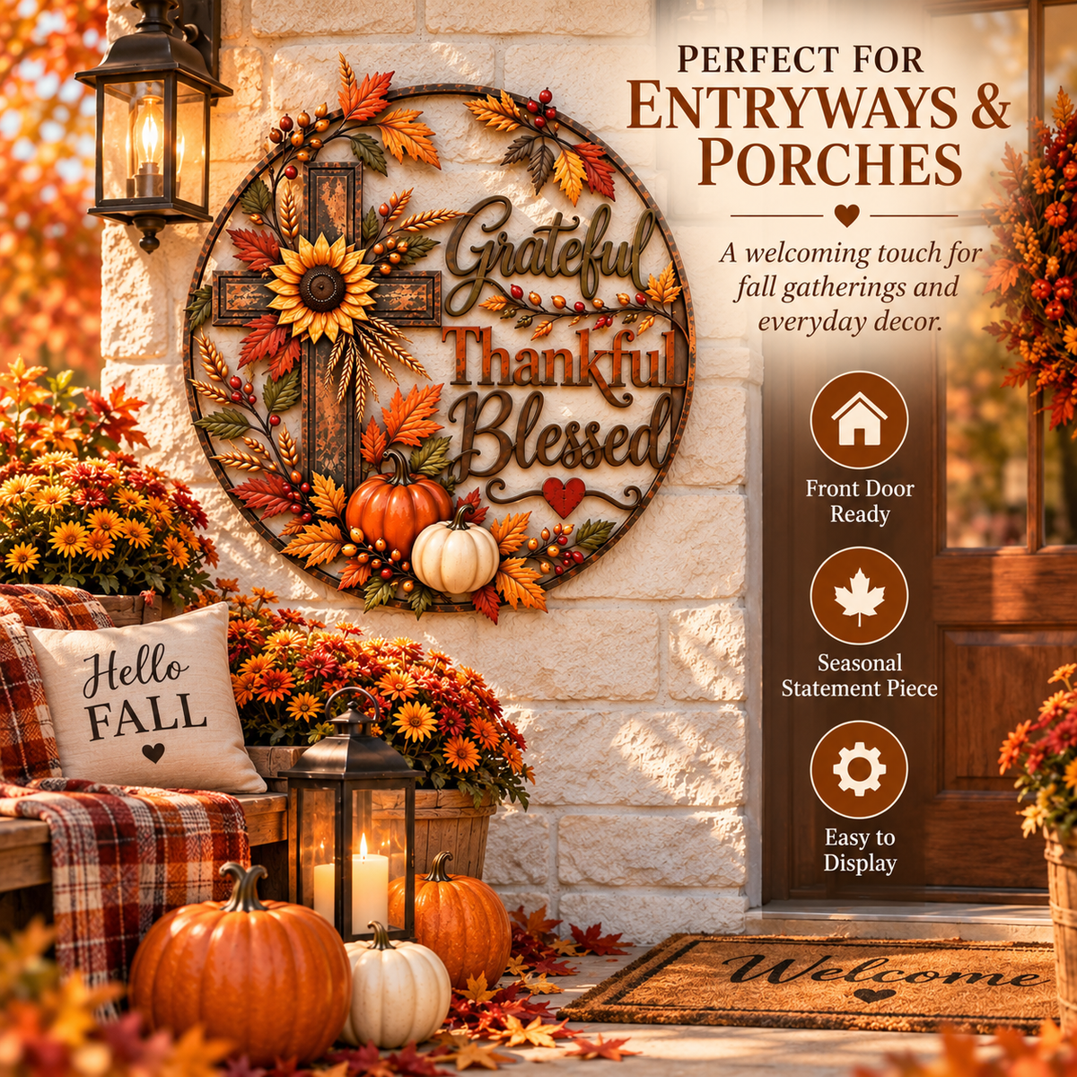 🍂 Grateful, Thankful & Blessed — Autumn Faith Cross Wall Decor