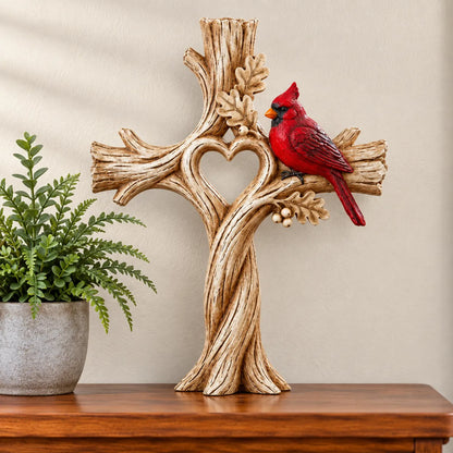 Cardinal Heart Tree Cross – Hand-Carved Solid Wood Decor