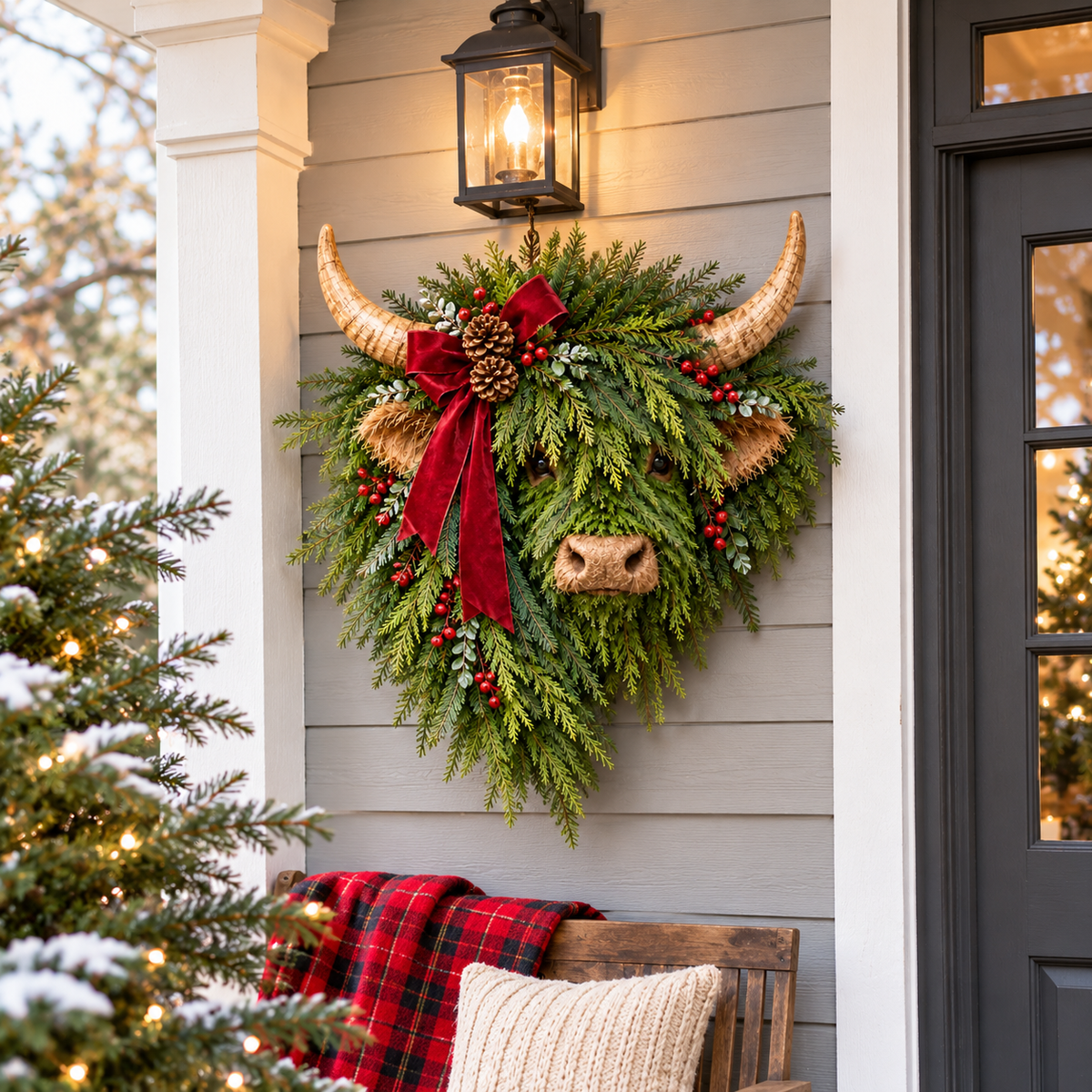 Highland Cow Christmas Wreath – Rustic Farmhouse Holiday Door Decoration with Cascading Greenery &amp; Red Velvet Bow