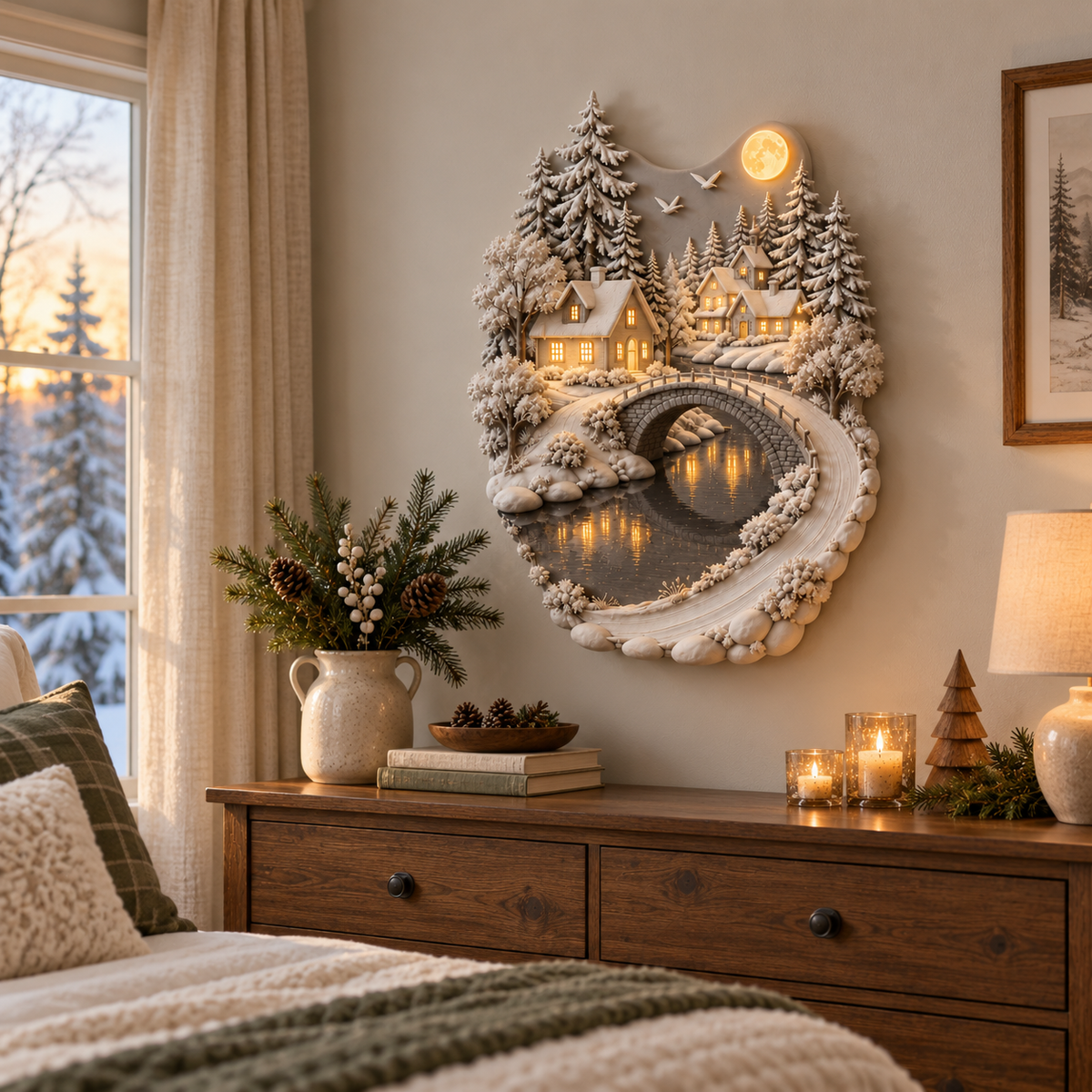 Moonlit Snowbridge Village™ Lighted 3D Wall Sculpture – Winter Village Wall Art with Warm LED Glow