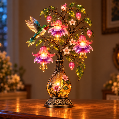 🌸 Hummingbird & Fuchsia Flower Lamp -✨ Lighted Floral Table Decor