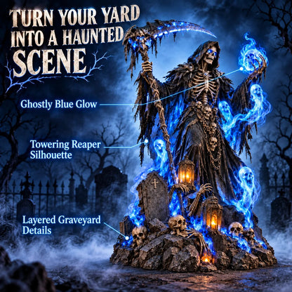 Giant Haunted Soul Reaper Lighted Halloween Yard Decoration – Glowing Grim Reaper with Ghostly Blue Spirits