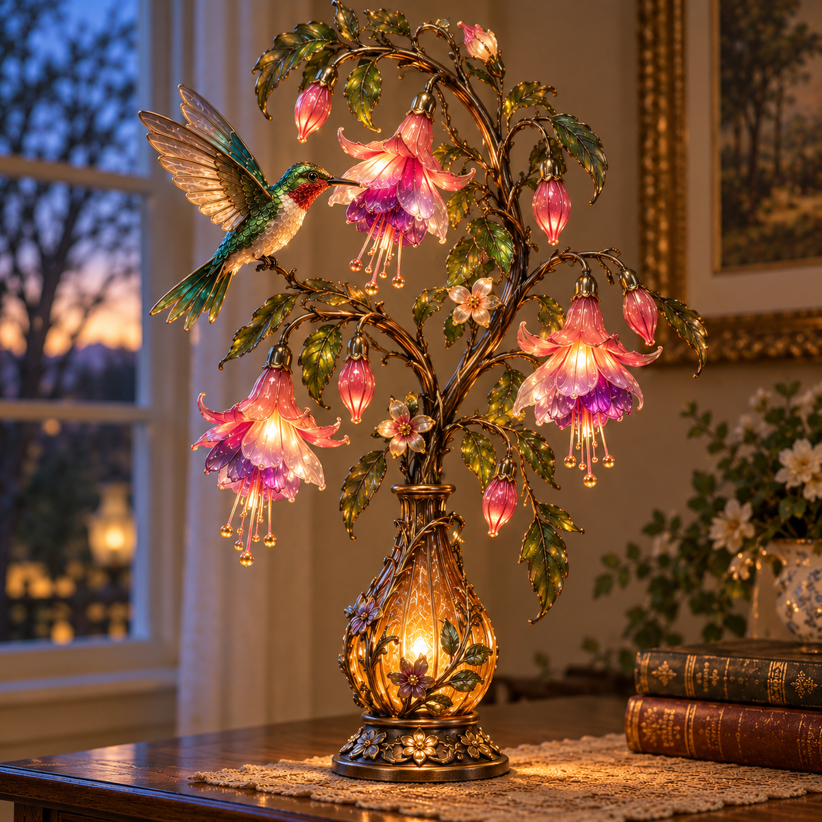 🌸 Hummingbird & Fuchsia Flower Lamp -✨ Lighted Floral Table Decor
