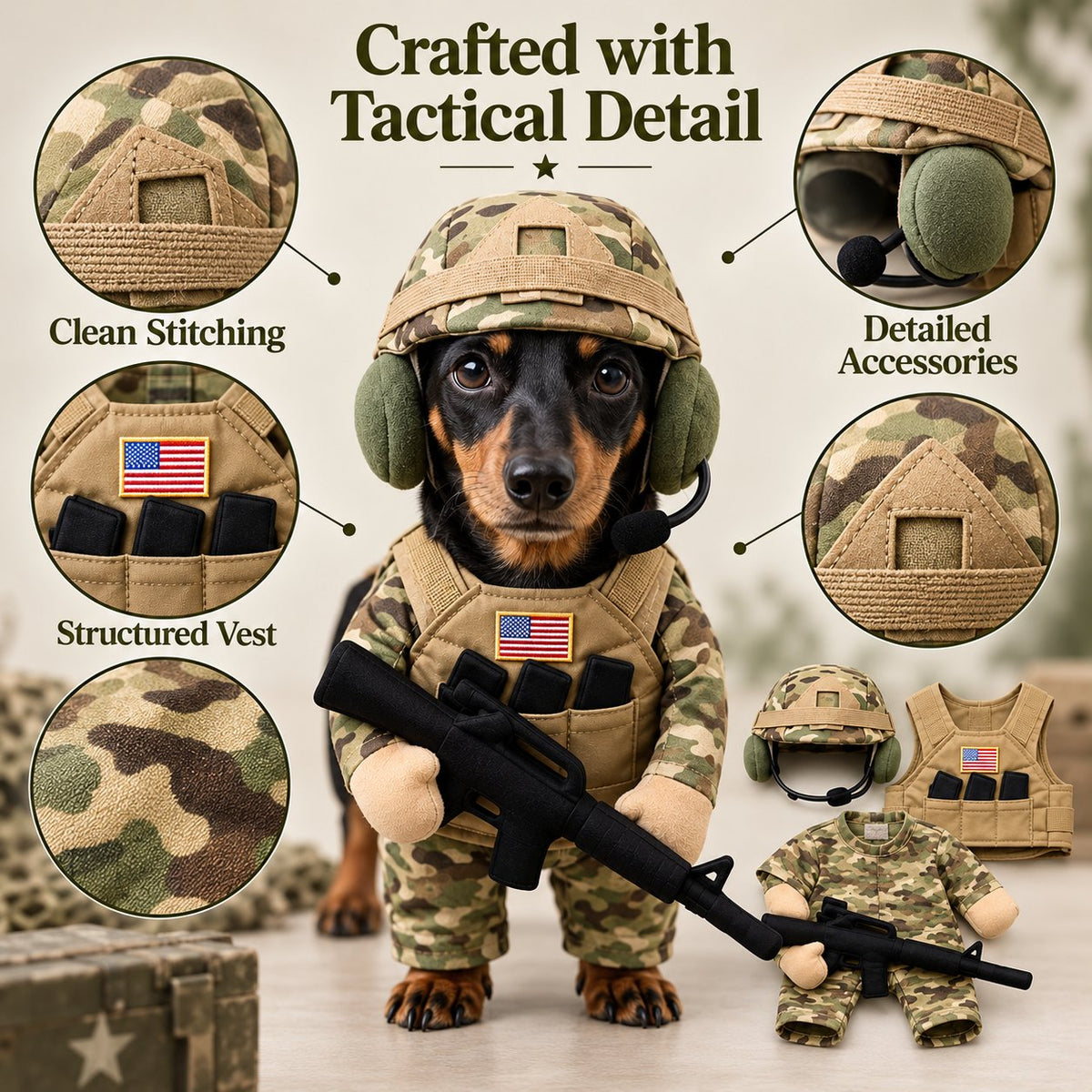 Military Camo Soldier Dog Costume – Complete 5-Piece Tactical Set