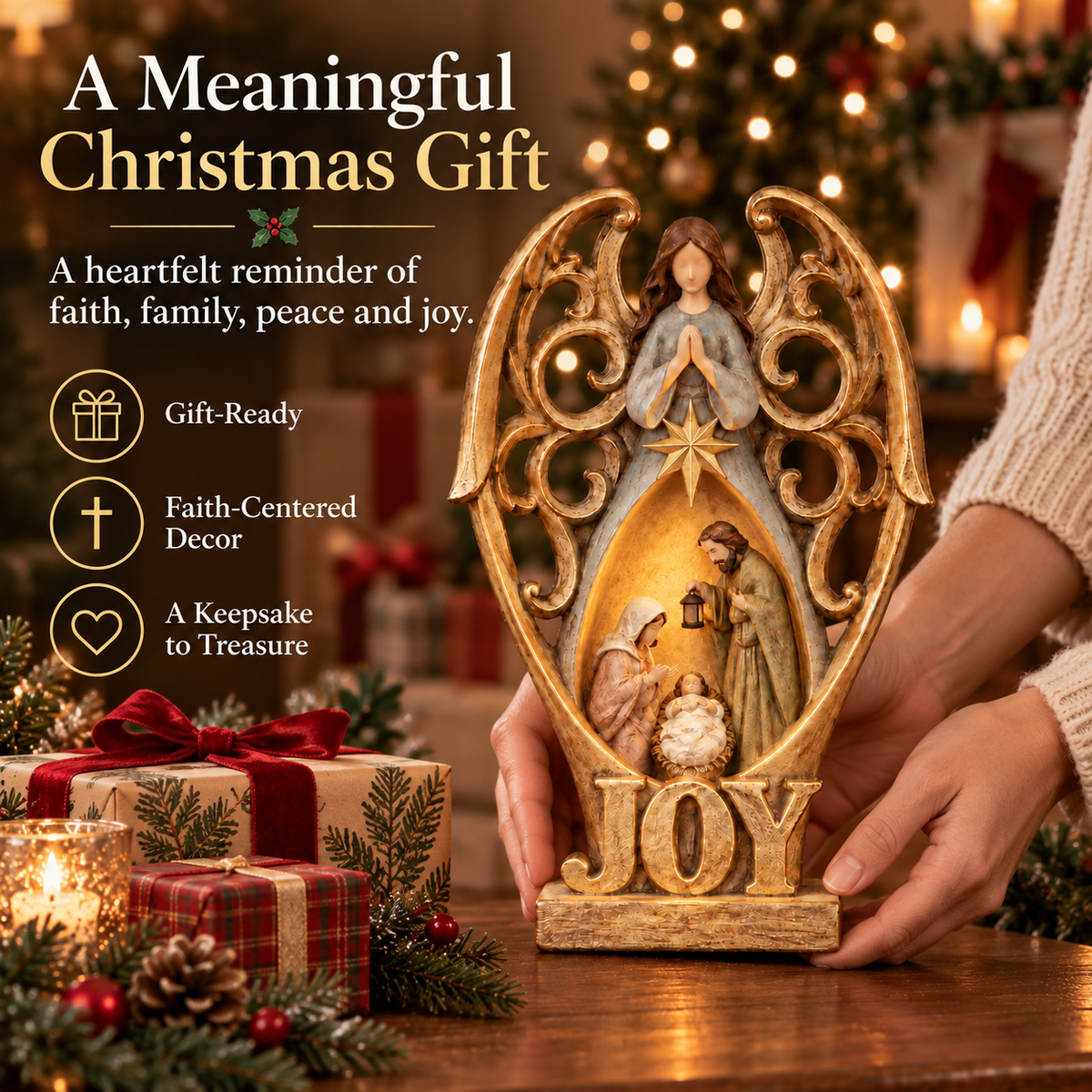 Angel of Joy Lighted Nativity Christmas Decor – Holy Family Tabletop Figurine with Warm Inner Glow