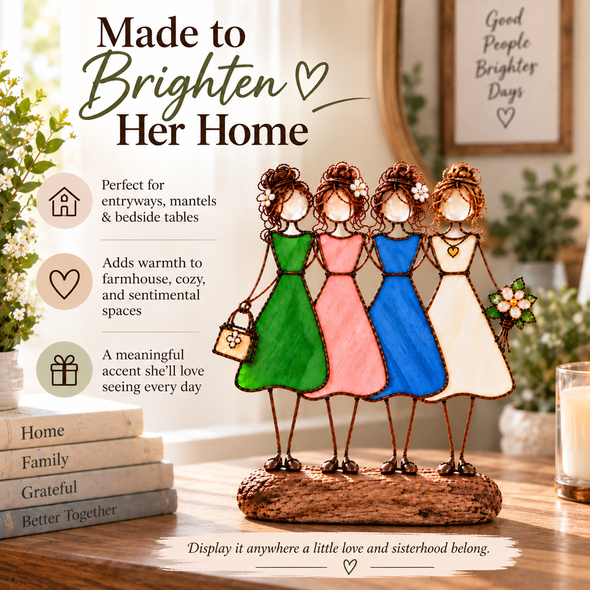 Side by Side Sisters Stained Glass-Inspired Friendship Figurine