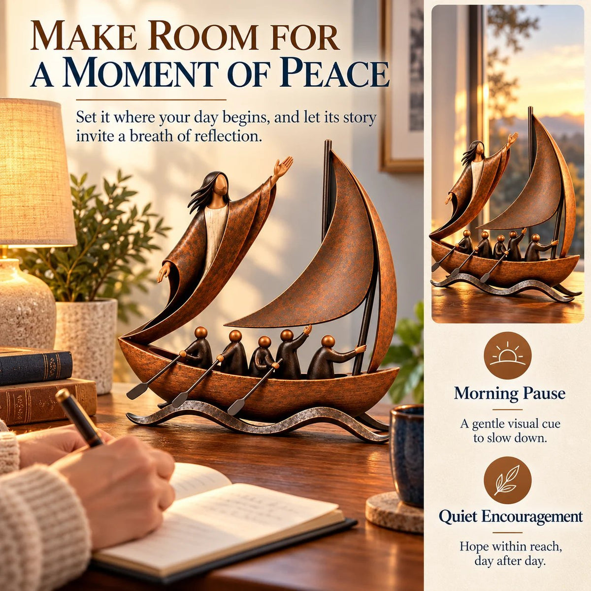 ⛵ Guided by Faith – Sailing Boat Sculpture with a Vintage Bronze-Tone Finish