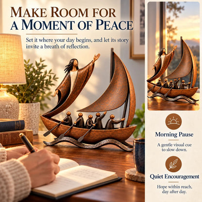 ⛵ Guided by Faith – Sailing Boat Sculpture with a Vintage Bronze-Tone Finish