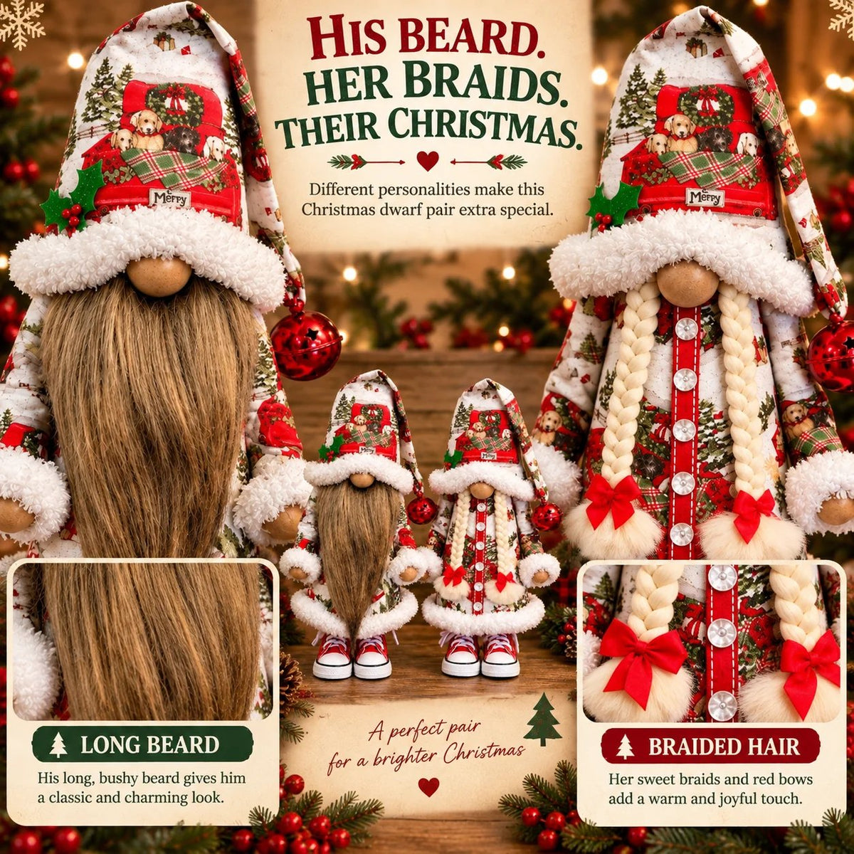 😍Festive Gnome Couple Figurines – Bearded & Braided Hair🎄