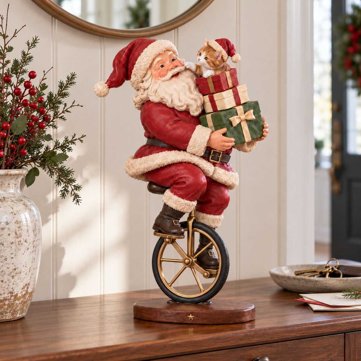 🎅 Santa’s Merry Ride – Vintage Santa & Kitten Christmas Figurine