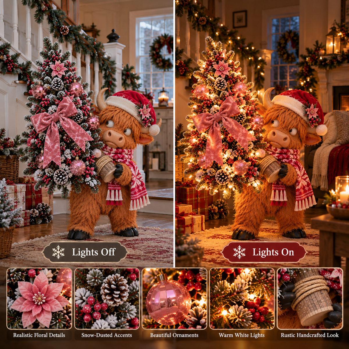 🎄🐮 Funny Lighted Highland Cow Carrying a Sparkling Pink Christmas Tree, Whimsical Holiday Porch Decor 🎀✨
