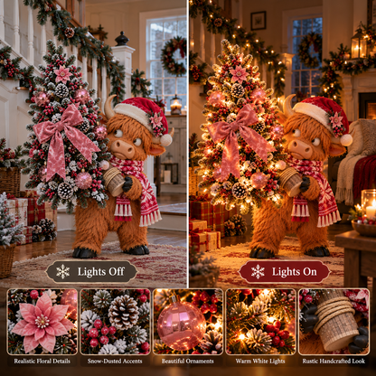 🎄🐮 Funny Lighted Highland Cow Carrying a Sparkling Pink Christmas Tree, Whimsical Holiday Porch Decor 🎀✨