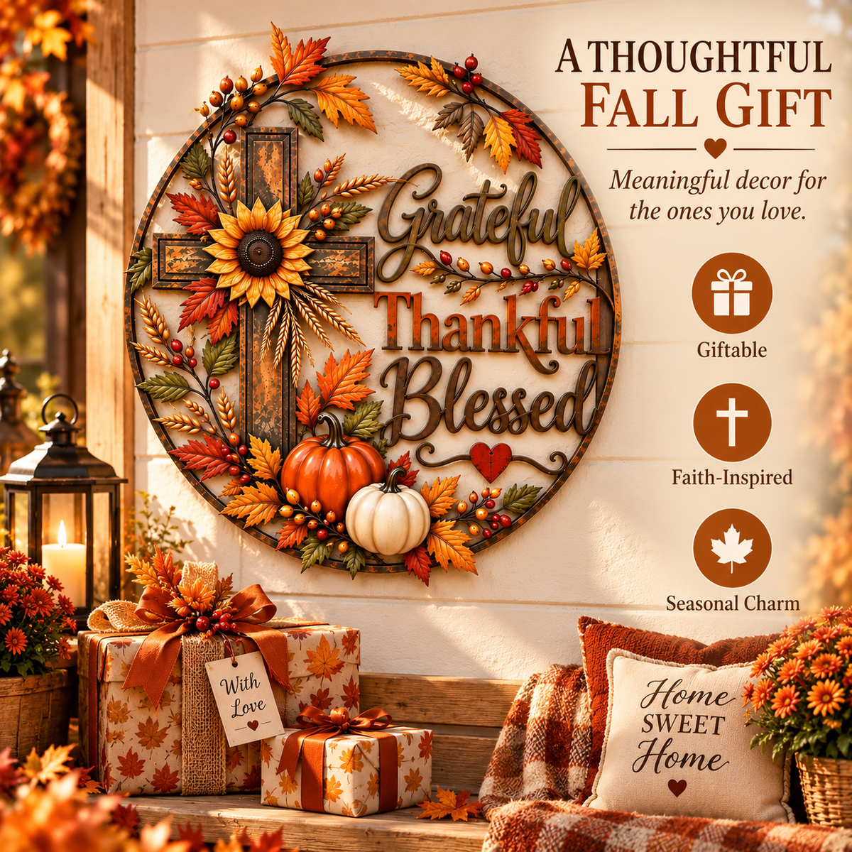 🍂 Grateful, Thankful & Blessed — Autumn Faith Cross Wall Decor