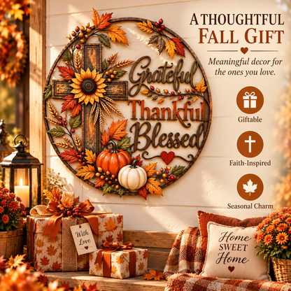 🍂 Grateful, Thankful & Blessed — Autumn Faith Cross Wall Decor