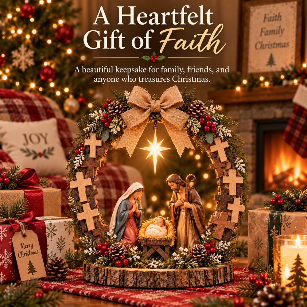Faith-inspired nativity decoration displayed beside Christmas gifts
