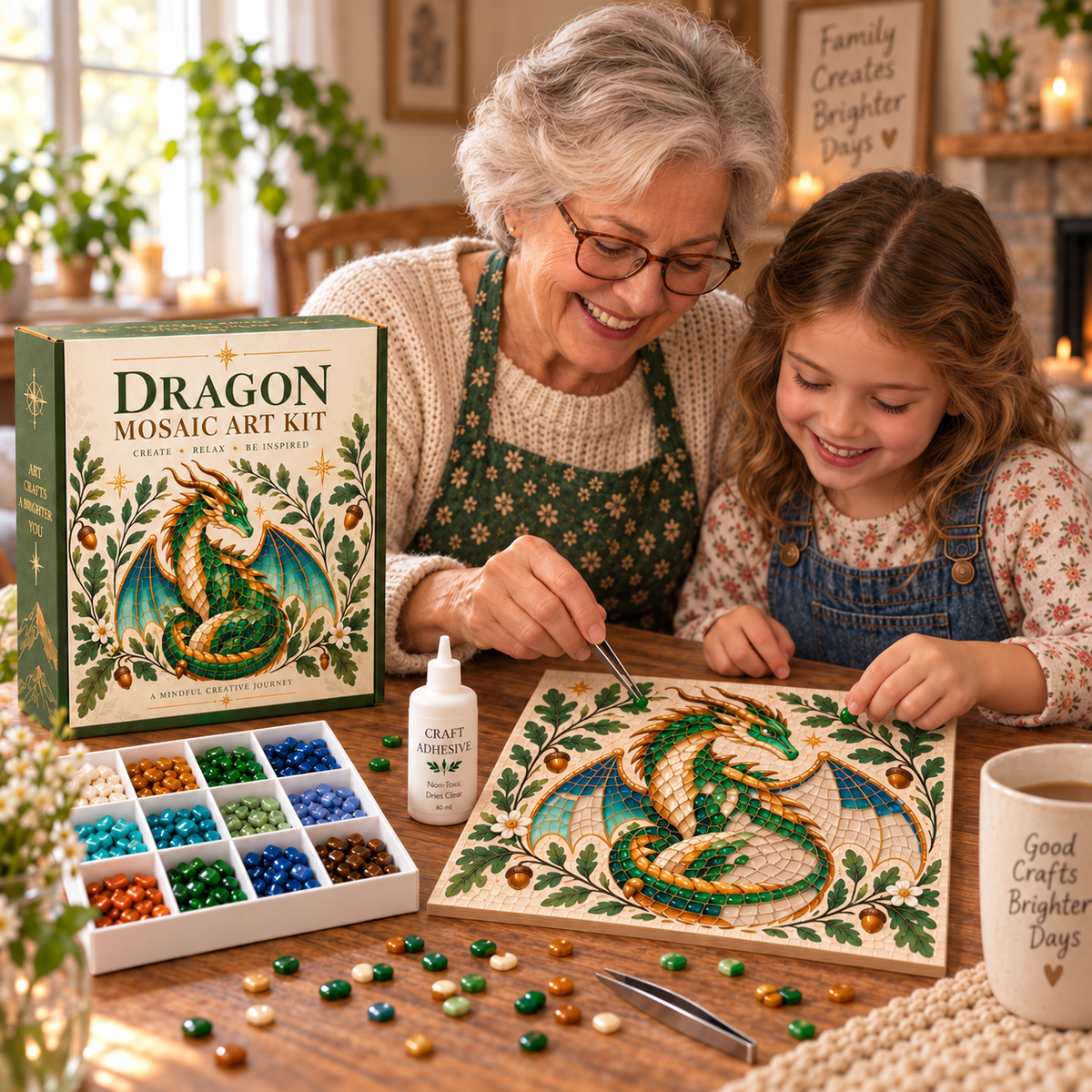 Grandmother and granddaughter enjoying dragon mosaic craft together