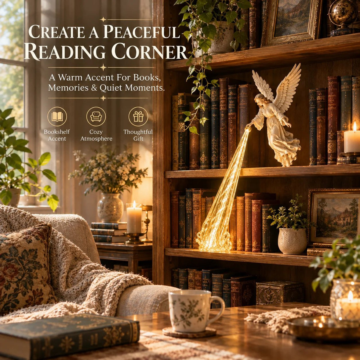🕊️ Schutzengel-Bücherregal-Licht | Friedliche Engelsfigur mit warmem goldenen Lichtstrahl für Leseecken, Regale & bedeutungsvolle Geschenke ✨