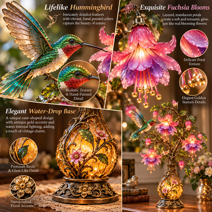 🌸 Hummingbird & Fuchsia Flower Lamp -✨ Lighted Floral Table Decor