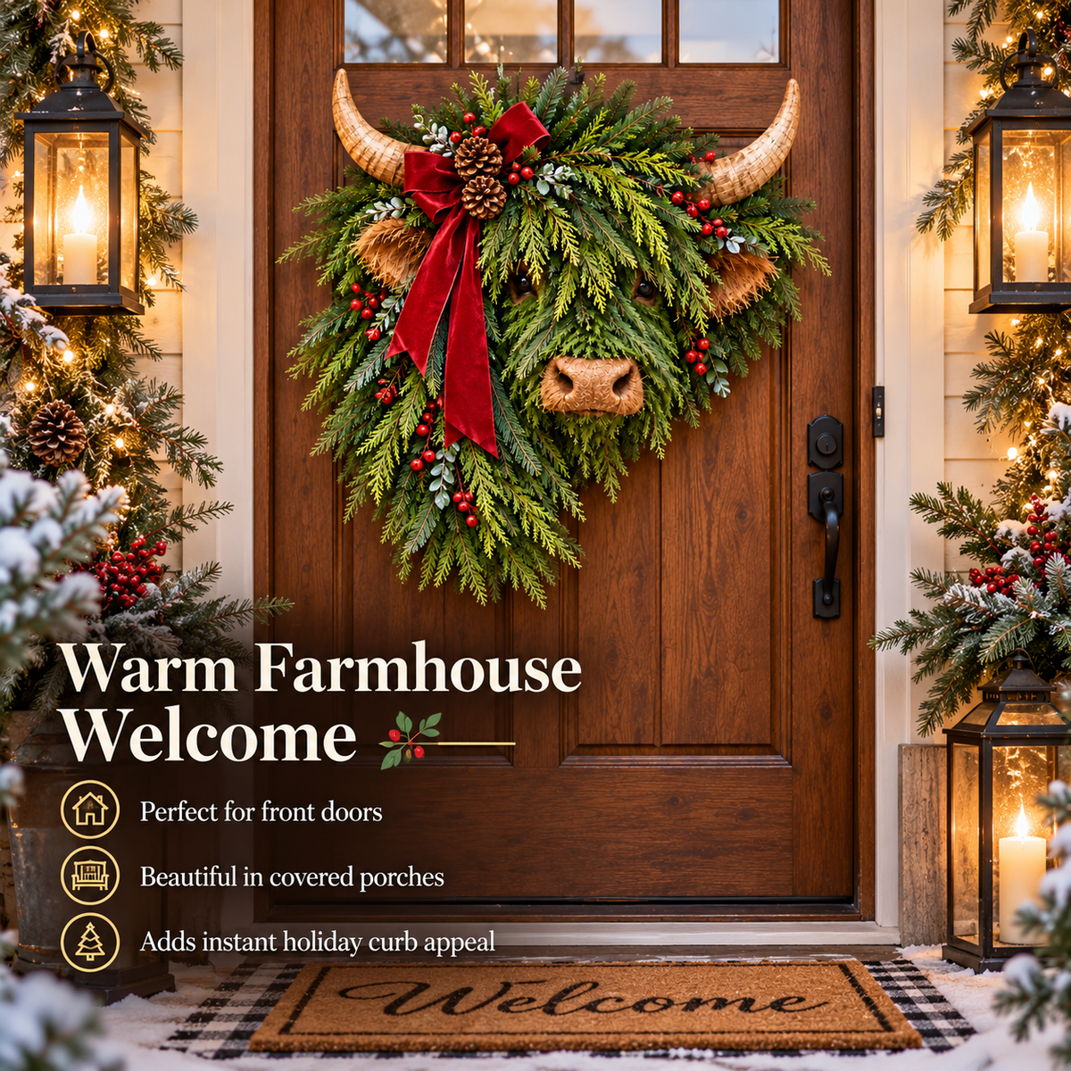 Highland Cow Christmas Wreath – Rustic Farmhouse Holiday Door Decoration with Cascading Greenery &amp; Red Velvet Bow