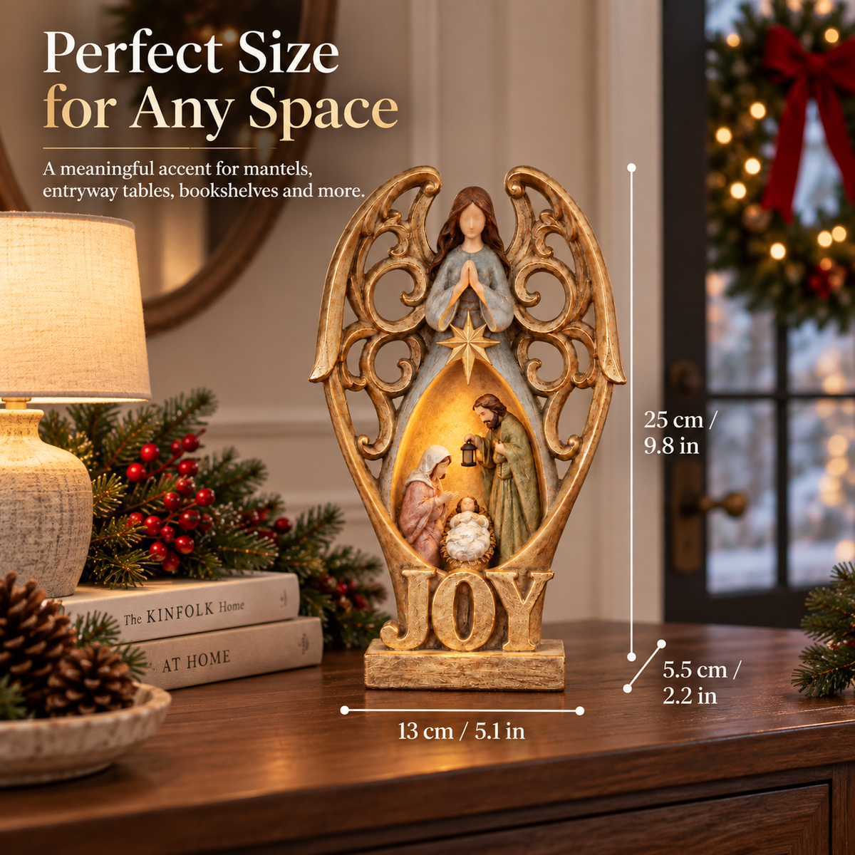 Angel of Joy Lighted Nativity Christmas Decor – Holy Family Tabletop Figurine with Warm Inner Glow