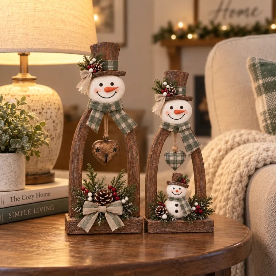 🔥😍Farmhouse Wooden Snowman Christmas Decor – Rustic Tabletop Figurines with Plaid Details