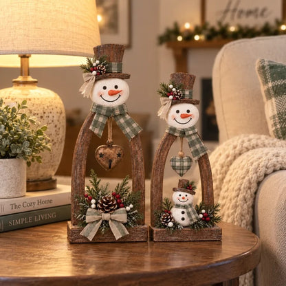 🔥😍Farmhouse Wooden Snowman Christmas Decor – Rustic Tabletop Figurines with Plaid Details