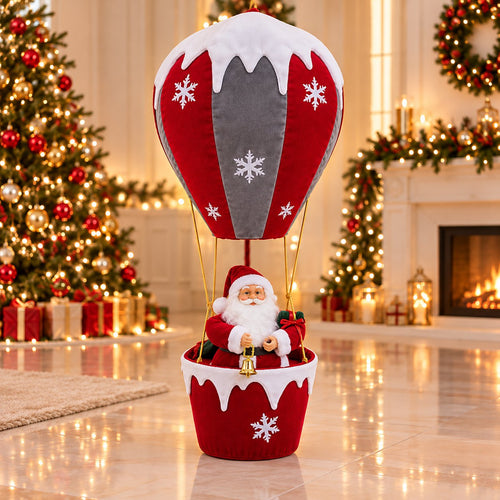 Santa D with a red, gray, and white snowflake balloon