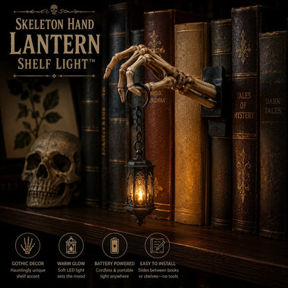 ⏳ Último Día 49% DE DESCUENTO – 💀 Linterna de Mano de Esqueleto – Decoración Gótica para Estantería con Luz Cálida