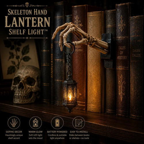 ⏳ Último Día 49% DE DESCUENTO – 💀 Linterna de Mano de Esqueleto – Decoración Gótica para Estantería con Luz Cálida